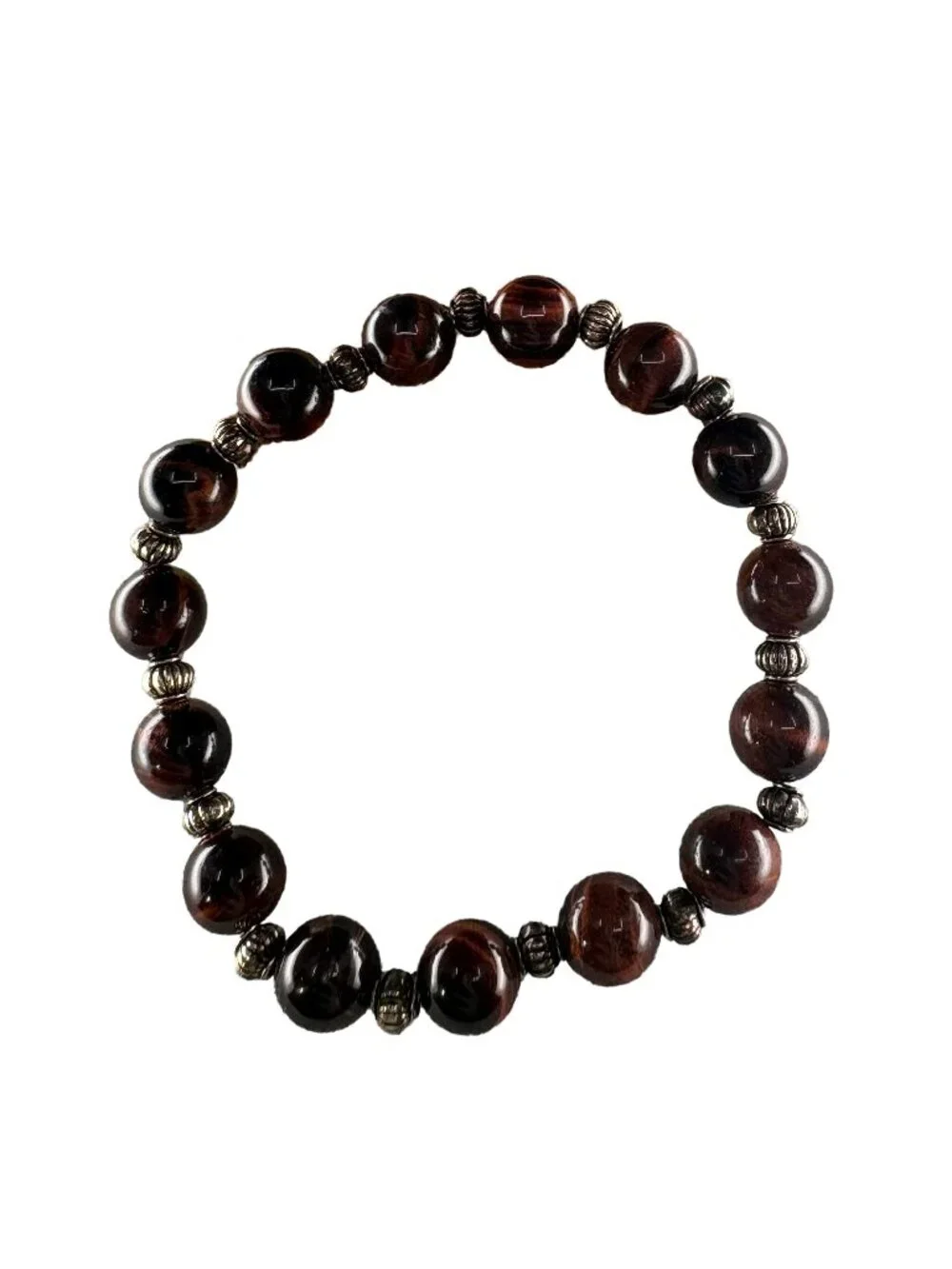 8mm Natural Red Tiger Eye Stone Stretch Beaded Bracelet Silver Alloy Charm